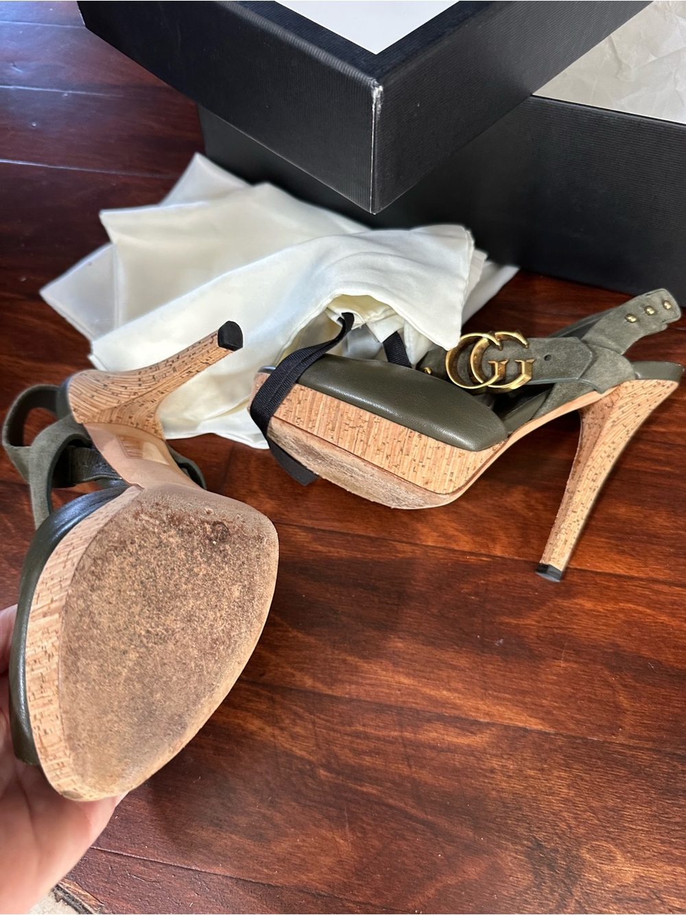 Gucci Olive Brown Leather Platform Sandals with Gold Double G - Picture 5 of 8